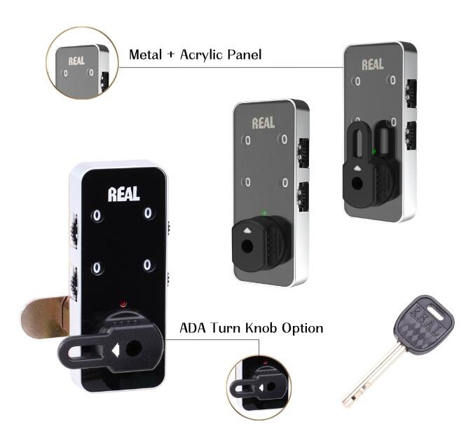 REAL RL-9046B keyless combination locker lock featuring a metal and acrylic panel, ADA turn knob option, and master override key for convenient and secure locker access.