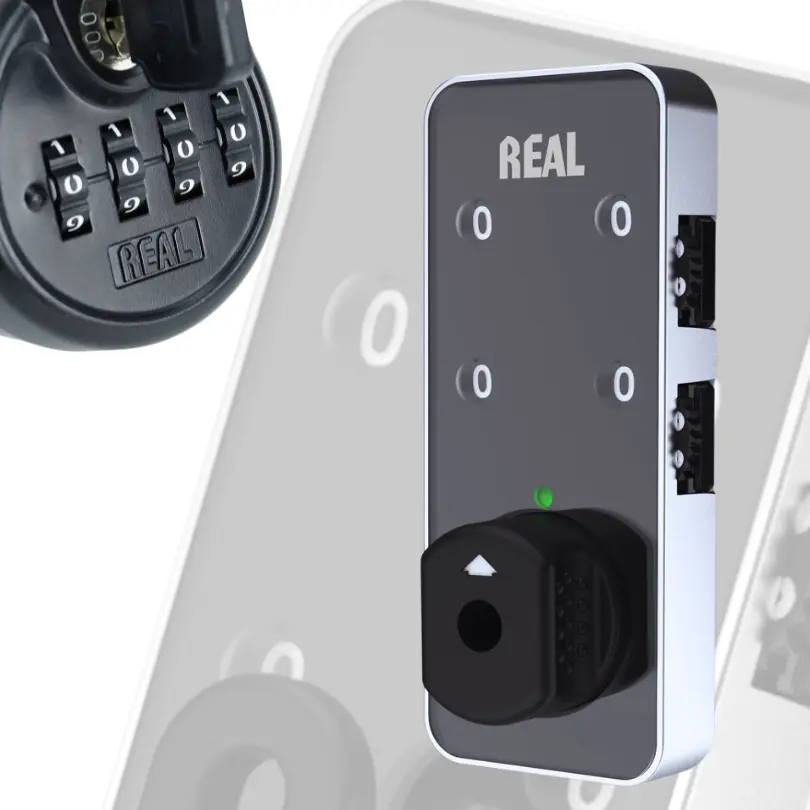 A collection of REAL keyless mechanical combination locks in various shapes and finishes, designed for lockers, cabinets, and industrial enclosures.