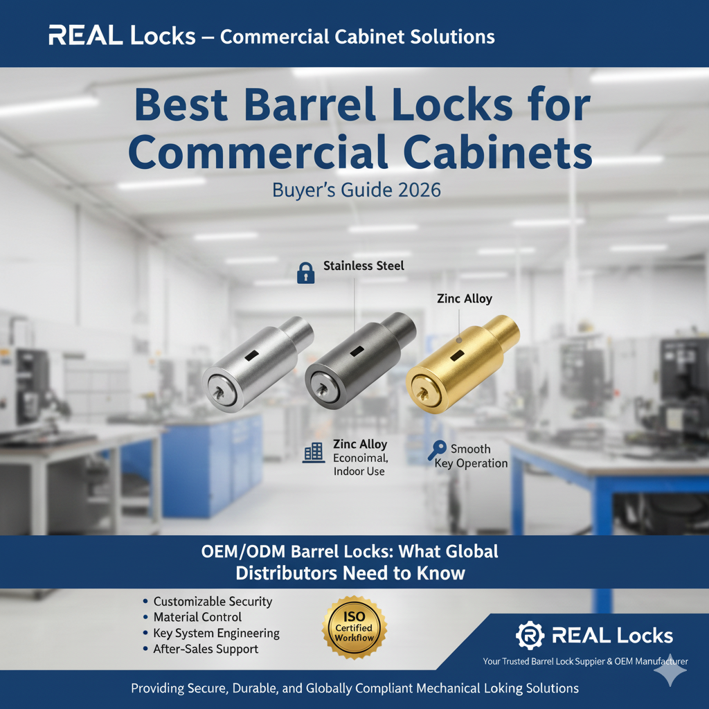 corrosion-resistant Stainless Steel, economical Zinc Alloy for indoor use, and Brass for smooth key operation. The image illustrates REAL Locks' OEM/ODM solutions for international buyers and distributors.