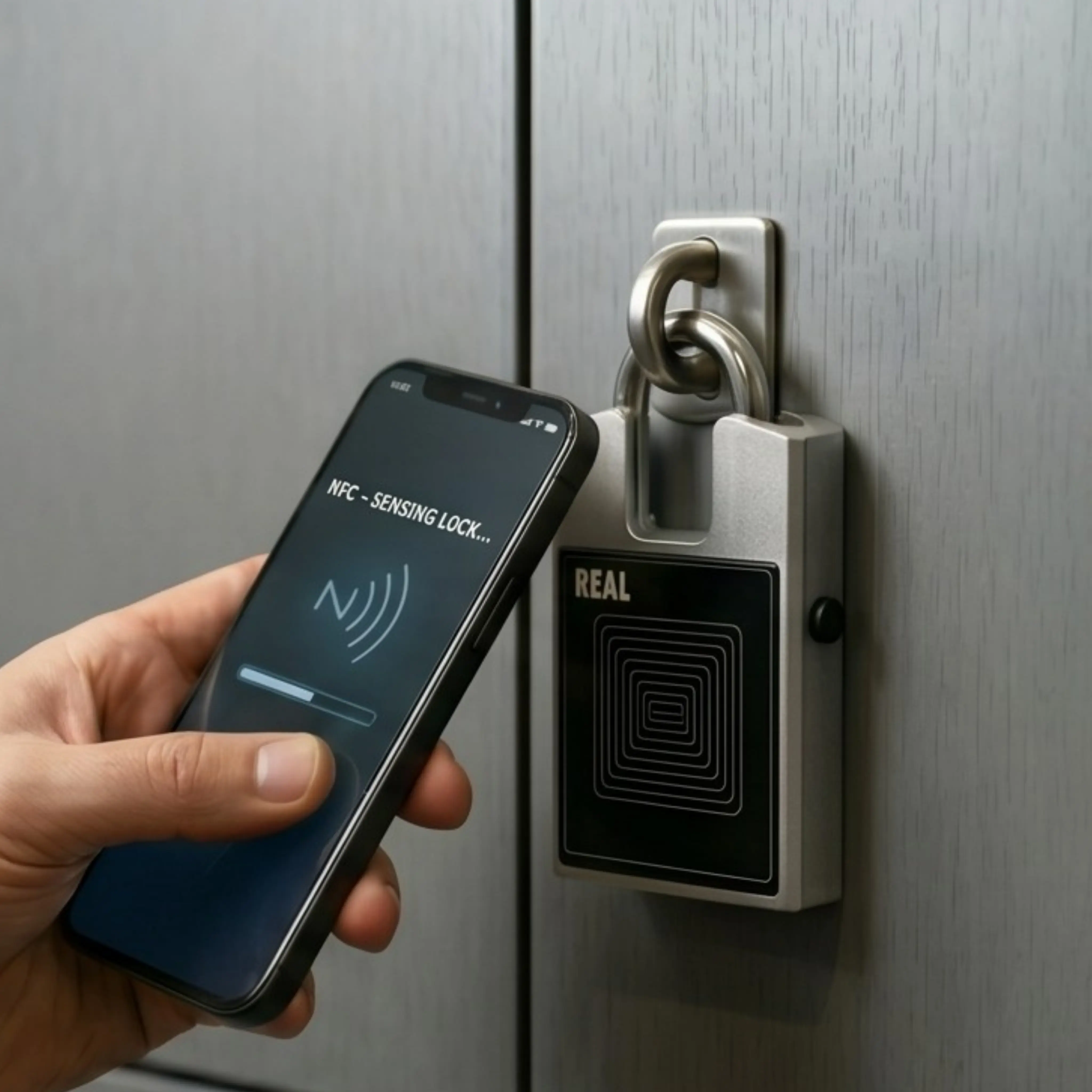 A smartphone unlocking the REAL RL-11466 commercial NFC battery-free cut-resistant padlock on a locker door
