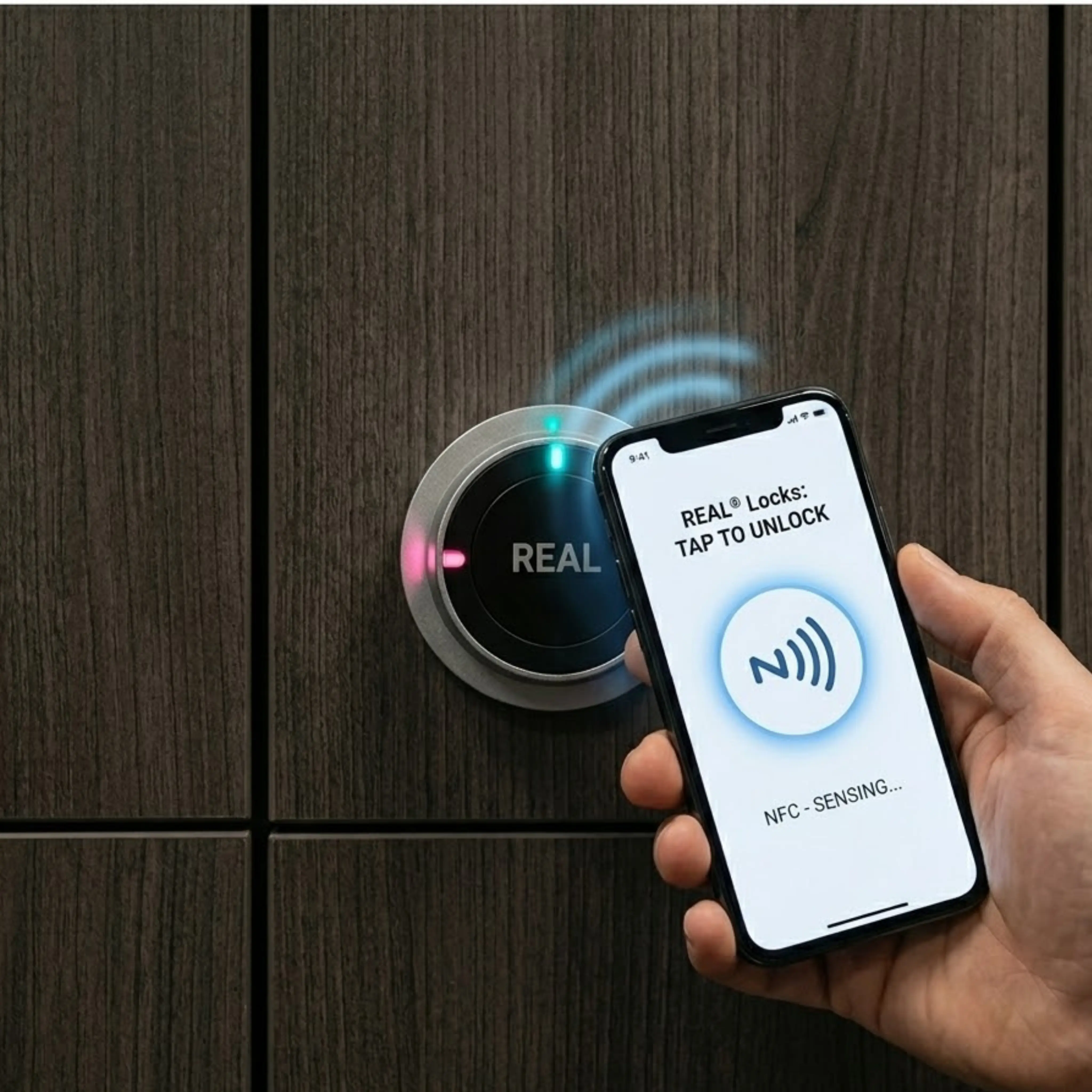 Smartphone tapping RL-11362 NFC battery-free cabinet lock on a wooden cabinet for keyless access