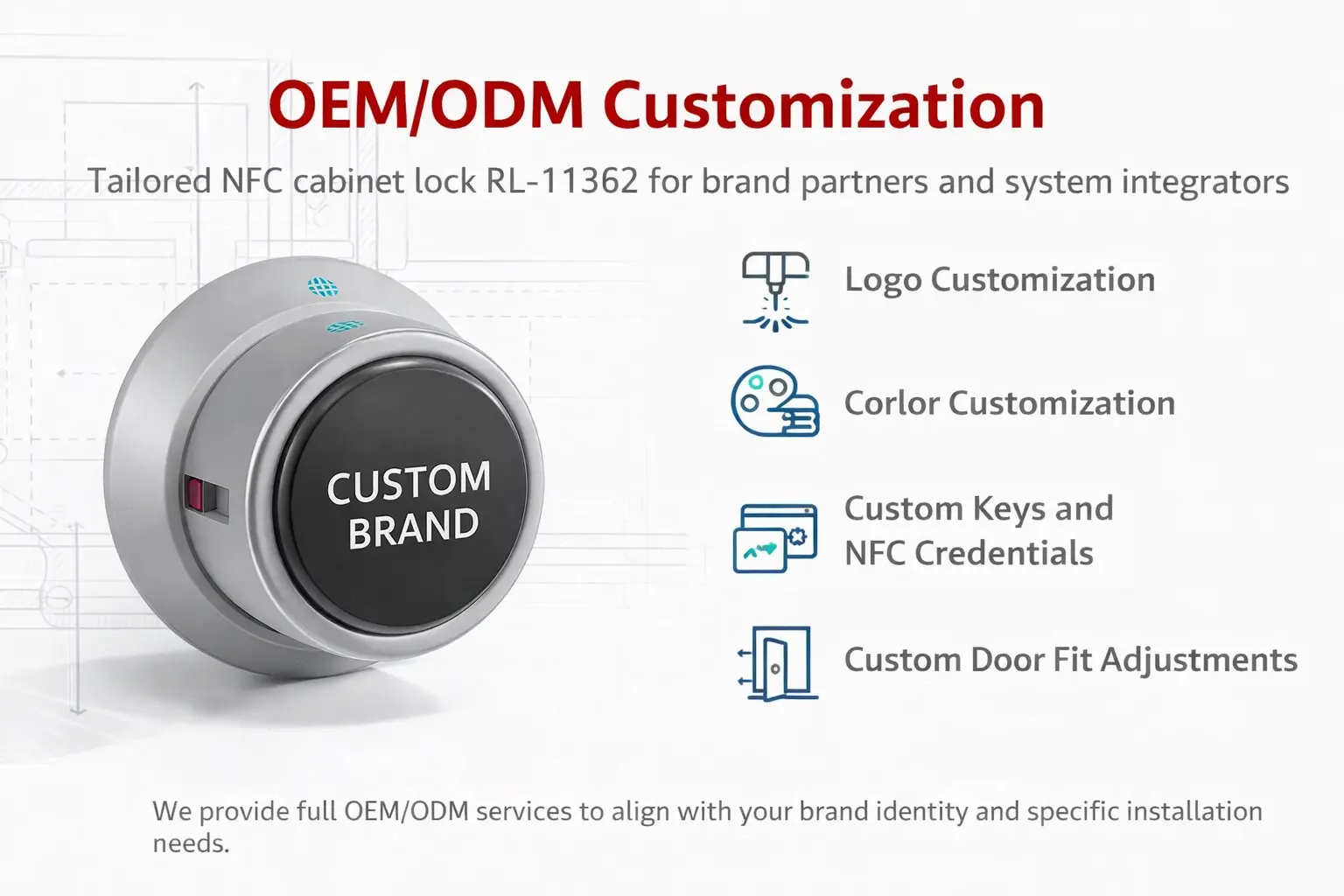 RL-11362 NFC battery-free cabinet lock with OEM ODM customization options including logo customization color customization NFC credentials and door fit adjustments