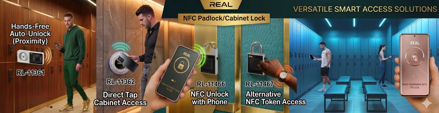 REAL LOCKS NFC Smart Lock Series: A lifestyle showcase of RL-11361 hands-free proximity lock, RL-11362 direct-tap cabinet lock, and RL-11466/RL-11467 NFC padlocks being used in modern gym and office locker environments via smartphone access.