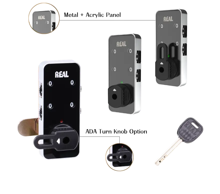 REAL RL-9046B keyless combination locker lock featuring a metal and acrylic panel, ADA turn knob option, and master override key for convenient and secure locker access.
